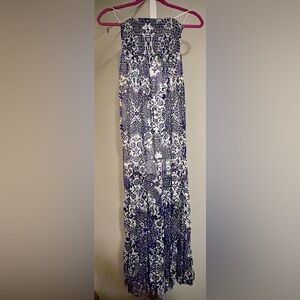 Guess Los Angeles-Navy and White Strapless Bandeau Style 100% Silk Maxi Dress